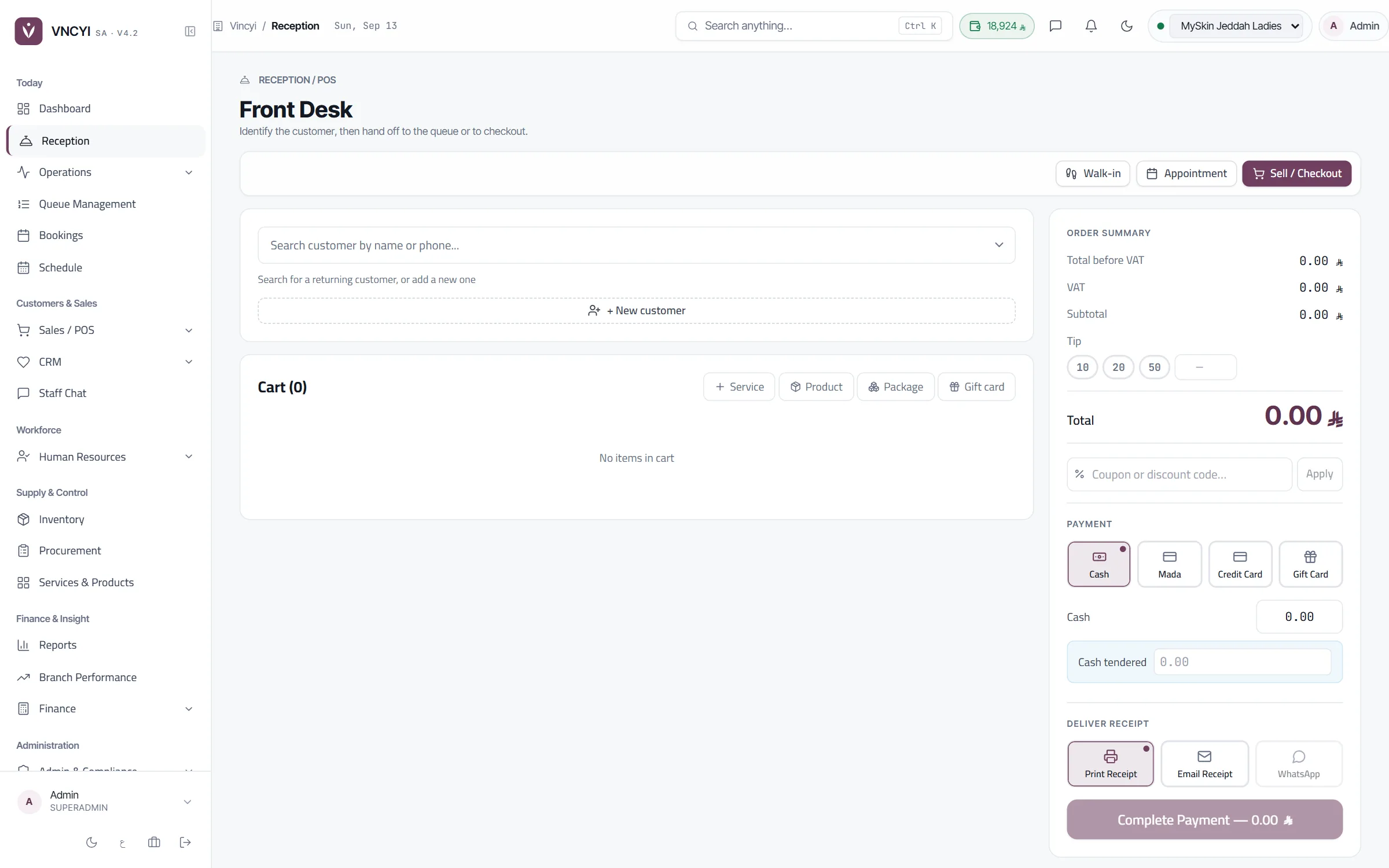 Checkout — payments, VAT and receipt delivery