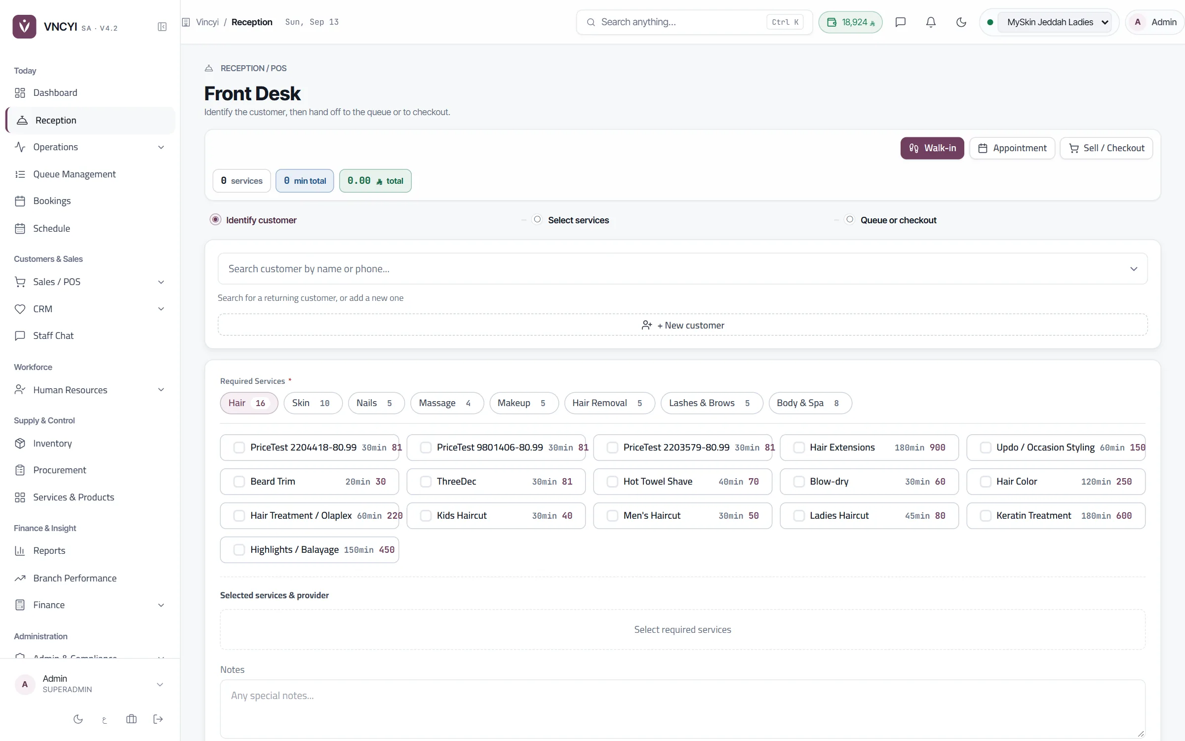 VNCYI front desk — services, durations and prices at a live branch